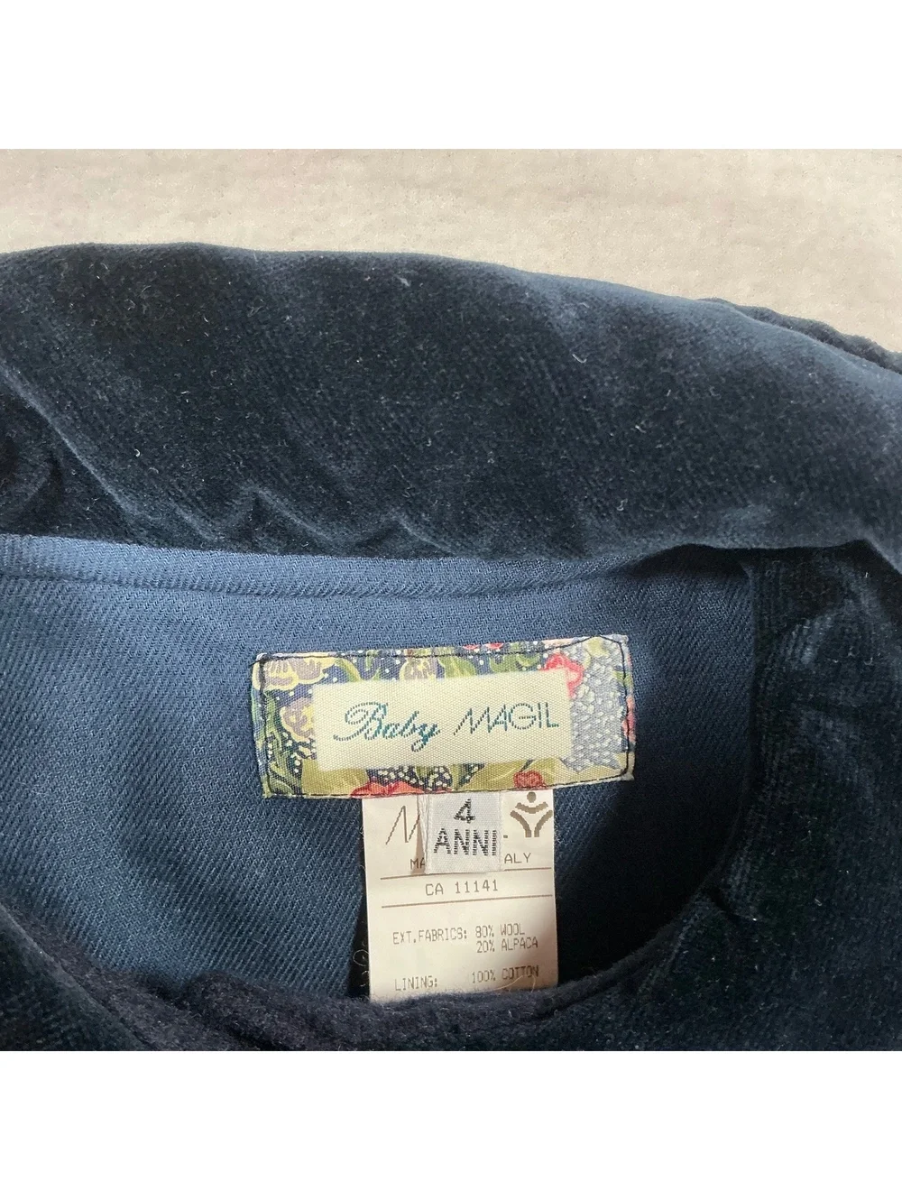 Baby Magil Navy Blue Wool Blend Cape Coat with Velvet Collar and Bow Detail Size
